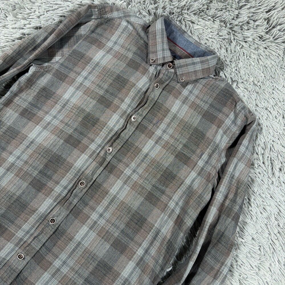 32 Bar Blues Shirt Medium Gray Brown Button Down Plaid Pocket Casual Mens